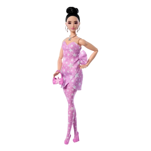 Barbie Deluxe Style Doll #11 – Pink Denim Star-Print Dress, Black Hair in High Bun with Handbag &amp; Jewellery - Barbie - Image 6