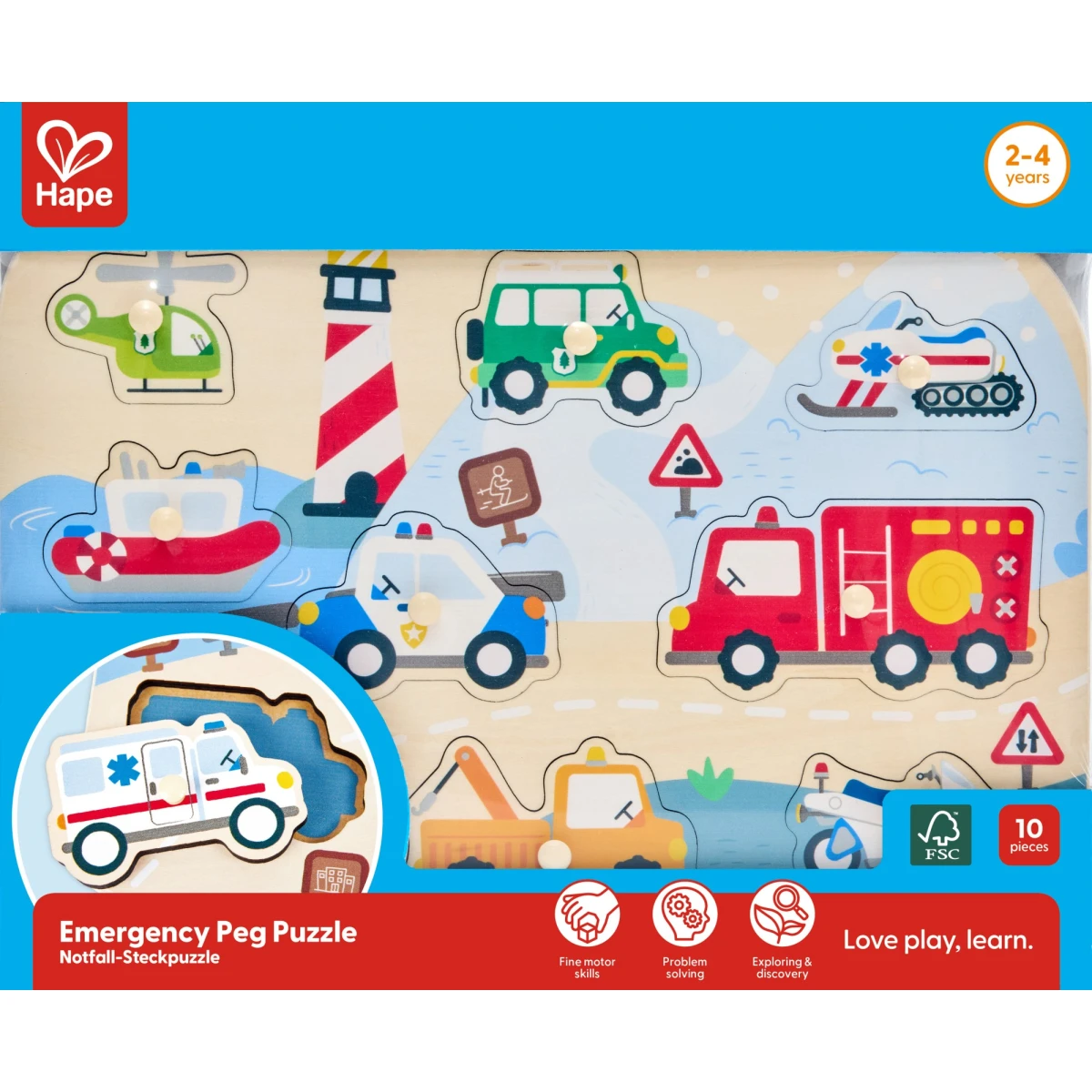 Hape Emergency Peg Puzzle – Wooden Puzzle with 9 Rescue Vehicles