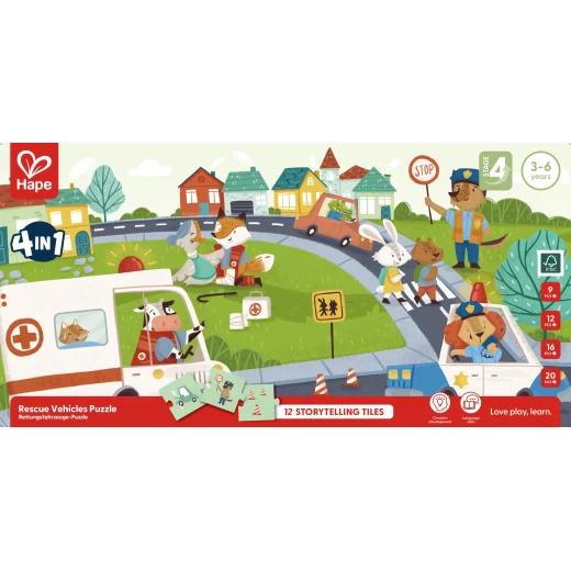 Hape Rescue Vehicles Puzzle – 4-in-1 Progressive Puzzle Set (9-20 Pieces) - Hape - Image 9