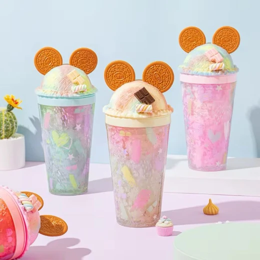 Ice Cream-Themed Plastic Cup with Lid &amp; Straw Transparent Tumbler with Fun Decorative Design Spill-Proof, BPA-Free Drinkware for Kids &amp; Adults - Stoys - Image 2