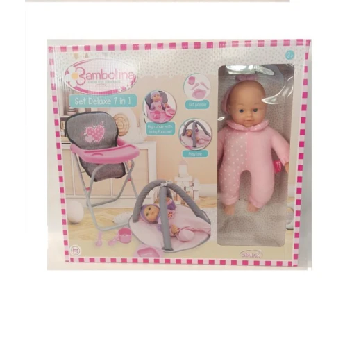 Bambolina Set Deluxe 7 in 1 – Baby Doll with High Chair, Playtime Area & Feeding Accessories