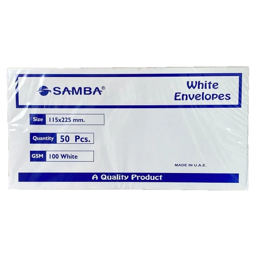 SAMBA White Envelopes – 50 Pieces (Size: 115×225 mm, 100 GSM) SAMBA White Envelopes – 50 Pieces (Size: 115×225 mm, 100 GSM)