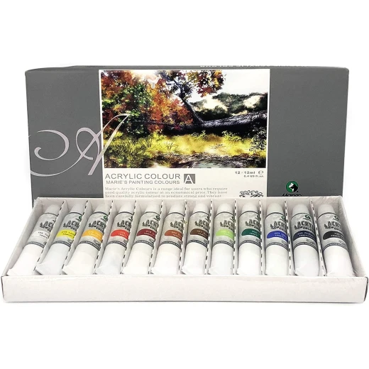 Maries Acrylic Colour Paint Set - 12 Colors, 12 ml Each Maries Acrylic Colour Paint Set - 12 Colors, 12 ml Each