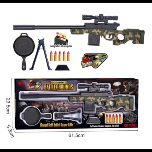 PUBG Soft Bullet Sniper Rifle Playse, Manual Loading Camouflage Sniper with Bipod, Detachable Magazine & 6 Foam Darts – Includes Iconic Frying Pan Prop & Display Stand PUBG Soft Bullet Sniper Rifle Playse, Manual Loading Camouflage Sniper with Bipod, Detachable Magazine & 6 Foam Darts – Includes Iconic Frying Pan Prop & Display Stand