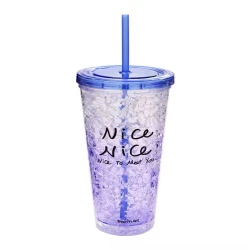 Nice Nice Nice To Meet You Transparent Tumbler Clear Cup with Blue Lid &amp; Straw Decorative Crushed Ice Design Fun Drinkware for Daily Use &amp;amp;amp; Gifts