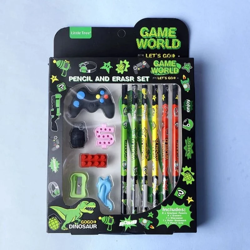 Little Tree Pencil and Eraser Set Game World Theme 6 Colorful Pencils, 6 Creative Erasers, Ruler & Grip Fun Stationery for Kids
