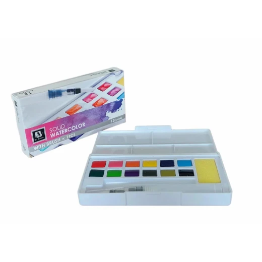 Solid Watercolor Set – 12 Colors + Brush – Art Ideas – Compact Design Solid Watercolor Set – 12 Colors + Brush – Art Ideas – Compact Design