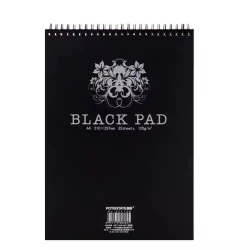 POTENTATE A4 Black Pad Notebook 32 Sheets, Acid-Free Paper, Elegant Floral Cover, Spiral-Bound, 120g/m² for Artwork and Writing