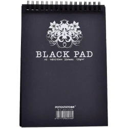 POTENTATE Black Pad A5 Notebook 32 Acid-Free Sheets, Floral Cover, 120g/m² Paper, Spiral-Bound for Writing and Drawing