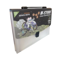 Transparent Plastic Folder “SPACE MOTO”, A4 Size with Cartoon Space Motorcycle Design, Limited Edition Document Organizer