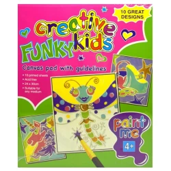 Creative Funky Kids Canvas Pad 10 Fun Designs (Butterfly, Unicorn, Roller Skate &amp; More), Acid-Free Sheets, 24 x 30 cm, Ideal for Kids Aged 4+
