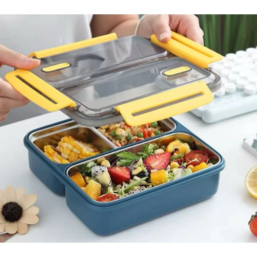 Lunchbox with 3 Compartments Food Storage Container with Transparent Lid &amp; Yellow Handles Durable, Portable, Easy-to-Clean Bento Box for School, Work &amp; Travel - Stoys - Image 2
