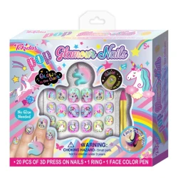 Tokidas "Pop Glamour Nails" Set, 3D Press-On Nail Kit with Ring &amp; Face Color Pen, for Ages 5 &amp; Up
