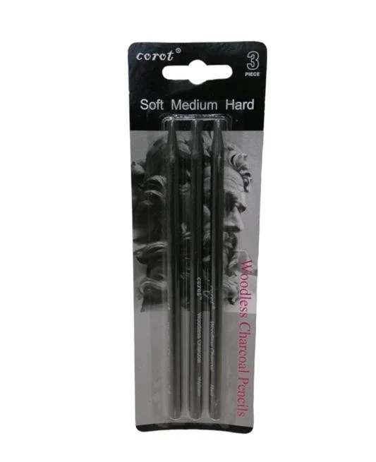 Woodless Charcoal Pencil Set – 3 Grades (Soft, Medium, Hard) – 3 Pieces Pack