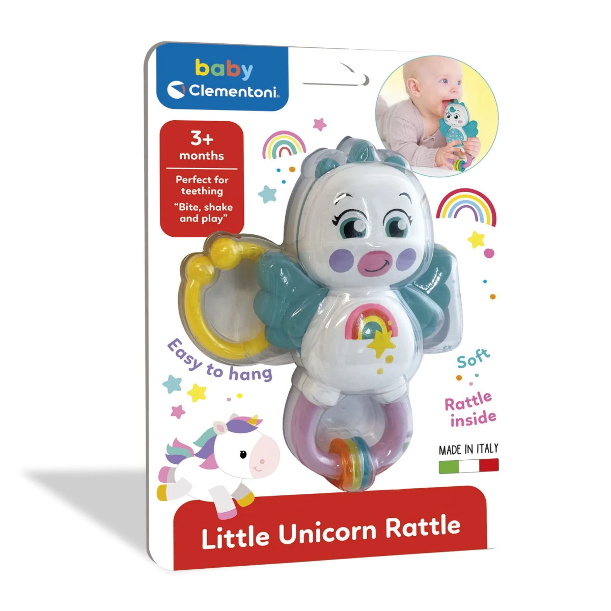 Clementoni – Little Unicorn Rattle – Sensory Baby Toy with Crinkle & Teething Features – Model 17778 – Made in Italy