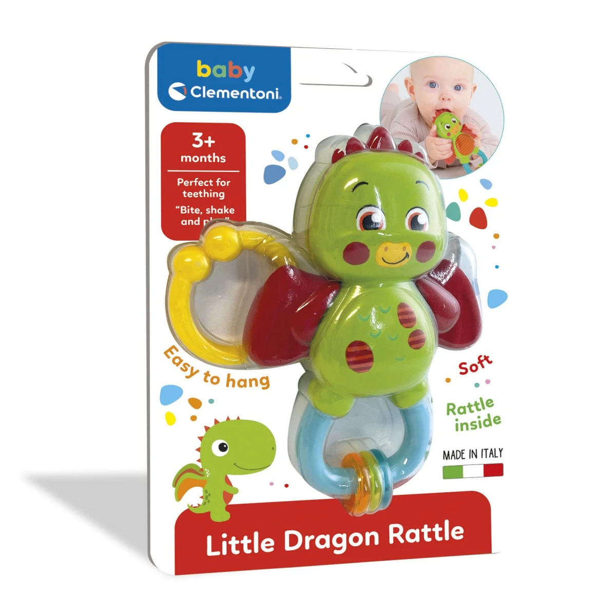 Clementoni – Little Dragon Rattle – Sensory Baby Toy with Crinkle & Teething Features – Model 17779 – Made in Italy